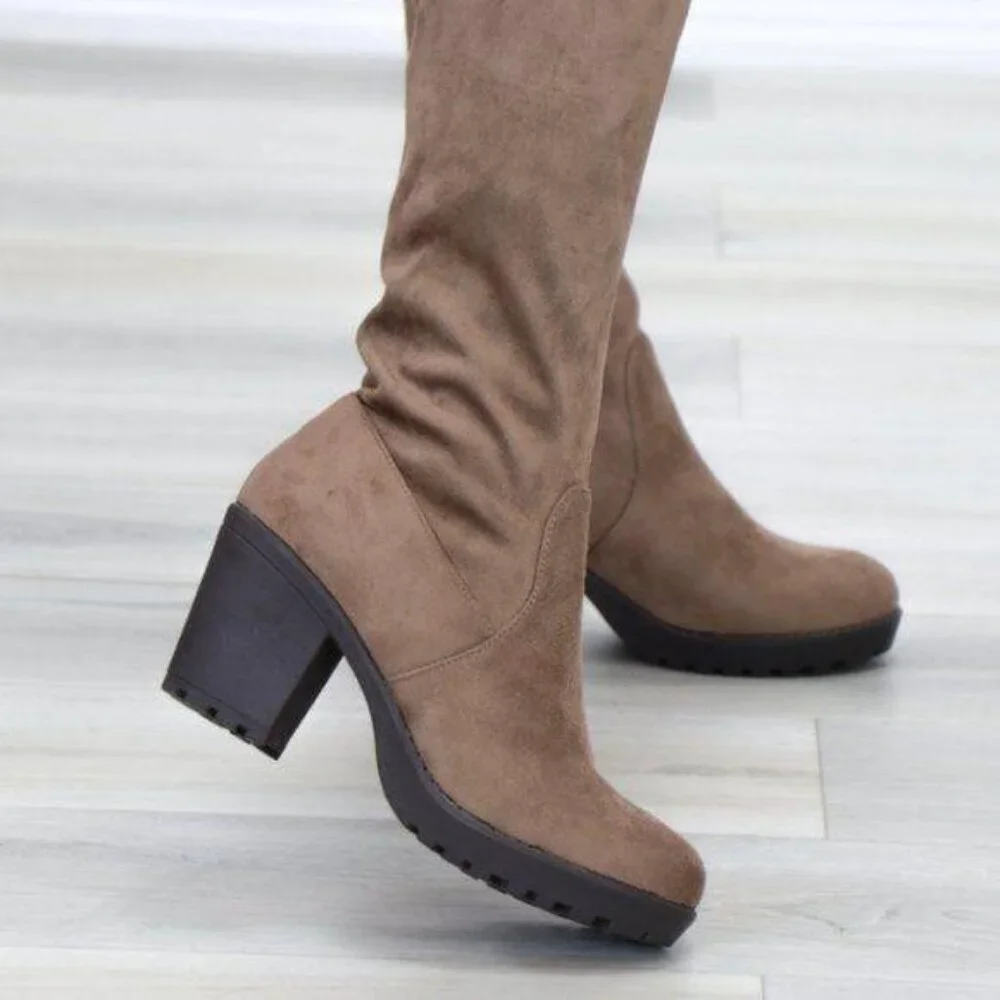 Taupe Thigh High Suede Boots Lug Chunky Heel - Picture 14 of 15